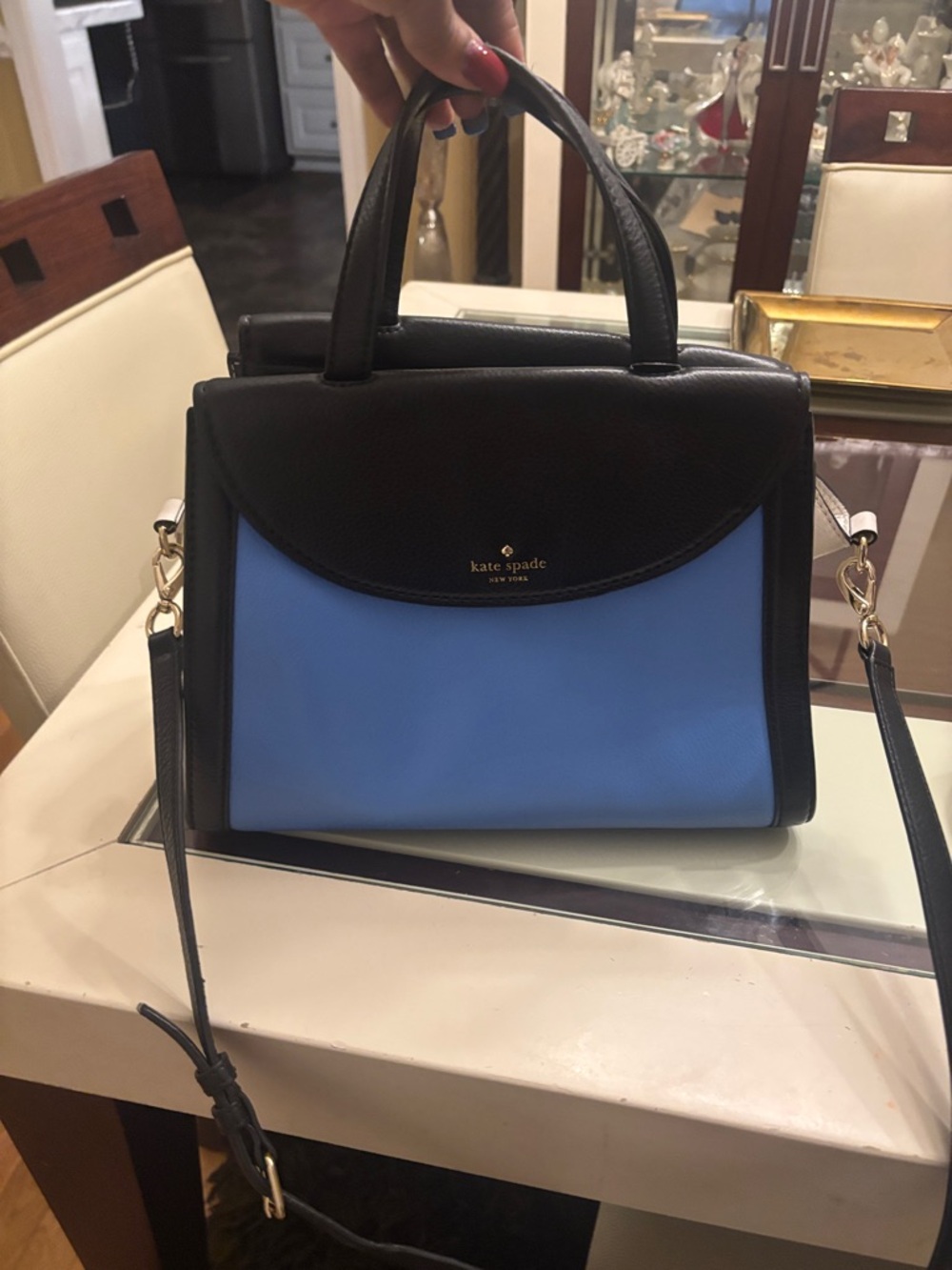 kate spade Black and Blue Leather Top-Handle Satchel with Detachable Strap